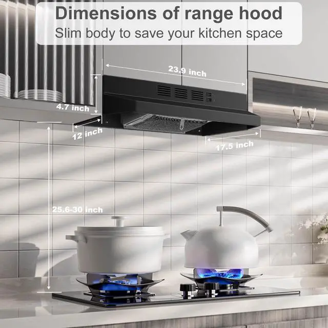 Alt view image 2 of 7 - Black Range Hood 24 inch,Ductless Range Hood Under Cabinet,Black Coating Stainless Kitchen Exhaust Hood with 2-speed Fan,230 CFM,Rocker Switch,Hard-wired Stove Vent Black Ventless