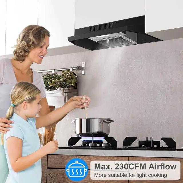 Alt view image 4 of 7 - Black Range Hood 24 inch,Ductless Range Hood Under Cabinet,Black Coating Stainless Kitchen Exhaust Hood with 2-speed Fan,230 CFM,Rocker Switch,Hard-wired Stove Vent Black Ventless