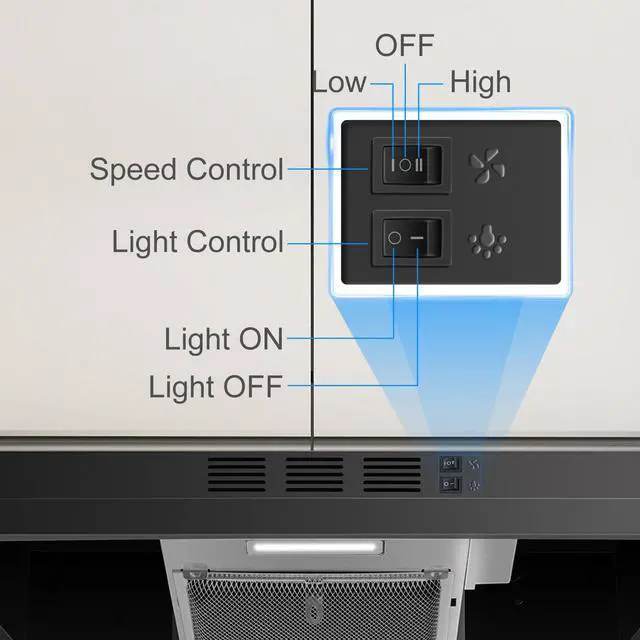 Alt view image 5 of 7 - Black Range Hood 24 inch,Ductless Range Hood Under Cabinet,Black Coating Stainless Kitchen Exhaust Hood with 2-speed Fan,230 CFM,Rocker Switch,Hard-wired Stove Vent Black Ventless