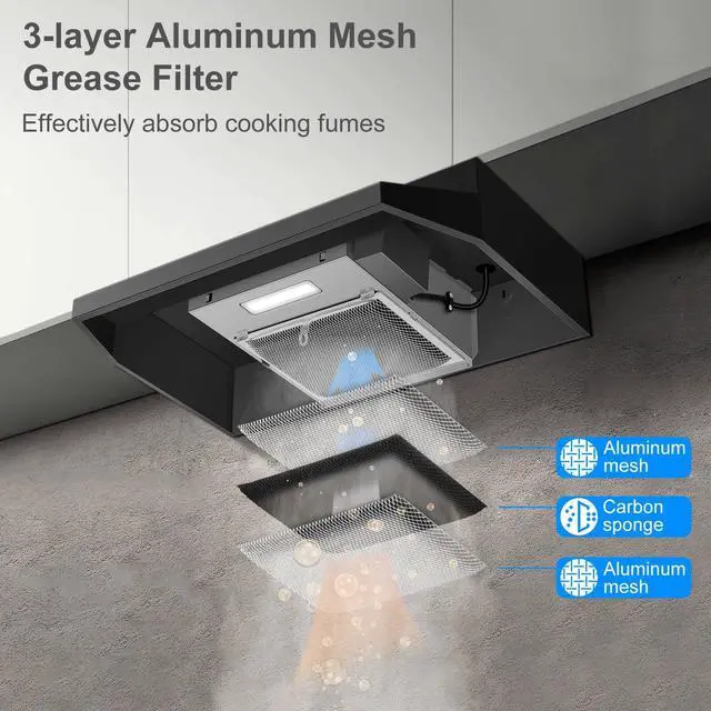 Alt view image 6 of 7 - Black Range Hood 24 inch,Ductless Range Hood Under Cabinet,Black Coating Stainless Kitchen Exhaust Hood with 2-speed Fan,230 CFM,Rocker Switch,Hard-wired Stove Vent Black Ventless