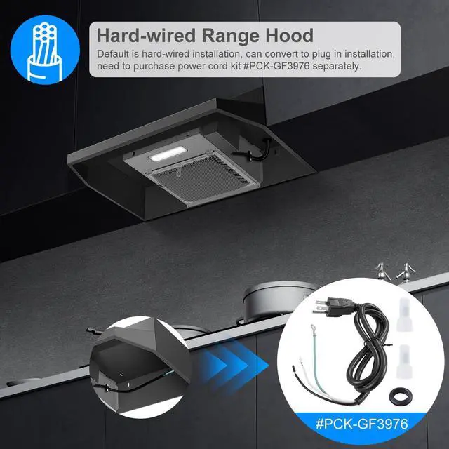 Alt view image 7 of 7 - Black Range Hood 24 inch,Ductless Range Hood Under Cabinet,Black Coating Stainless Kitchen Exhaust Hood with 2-speed Fan,230 CFM,Rocker Switch,Hard-wired Stove Vent Black Ventless