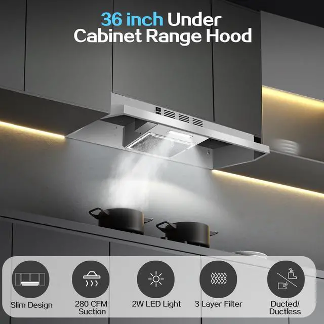 Alt view image 2 of 7 - Range Hood 36 inch Under Cabinet, Ducted/Ductless Kitchen Hood 280CFM, Stainless Steel Vent Hood with Rocker Button Control, Stove Hood with 2 Speeds Fan, Bright LED Light