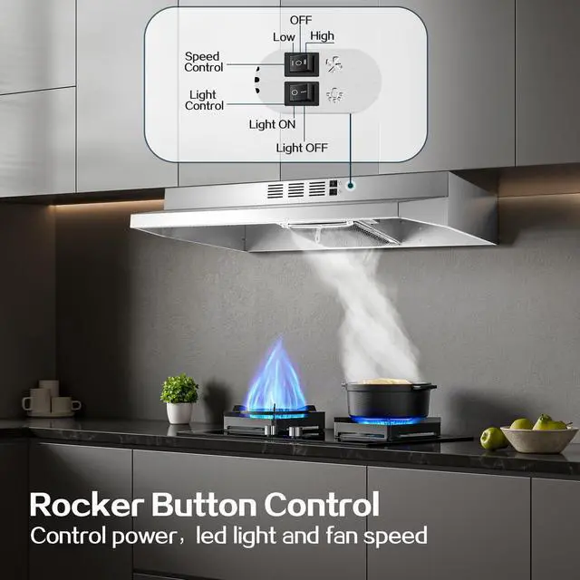 Alt view image 3 of 7 - Range Hood 36 inch Under Cabinet, Ducted/Ductless Kitchen Hood 280CFM, Stainless Steel Vent Hood with Rocker Button Control, Stove Hood with 2 Speeds Fan, Bright LED Light