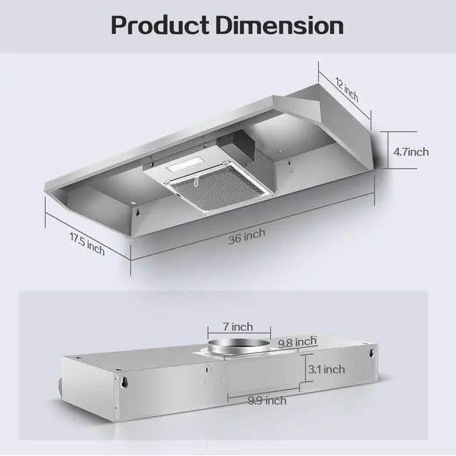 Alt view image 6 of 7 - Range Hood 36 inch Under Cabinet, Ducted/Ductless Kitchen Hood 280CFM, Stainless Steel Vent Hood with Rocker Button Control, Stove Hood with 2 Speeds Fan, Bright LED Light
