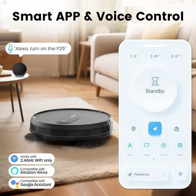 Alt view image 6 of 7 - Robot Vacuums with 2800Pa Suction, 3-inch Slim Body, Gyroscope Navigation, Remote & App Control, 600ML Dustbin, Automatic Recharge  Ideal Robot Vacuums Cleaner for Homes