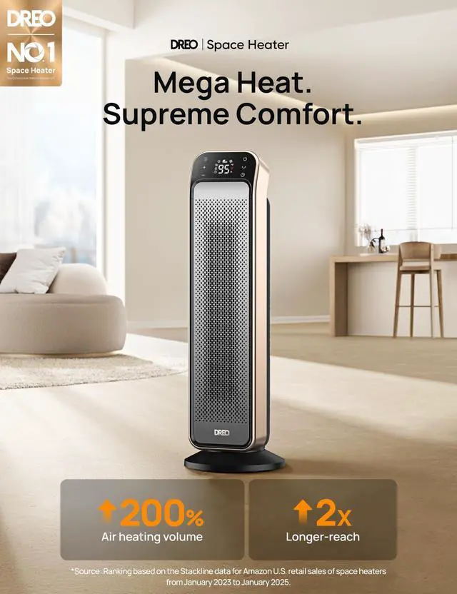 Alt view image 2 of 7 - Space Heater Indoor, 25" 11.5ft/s Fast Portable Room Heater with Remote and Thermostat, 3 Modes, Overheating & Tip-Over Protection, Electric Heaters for Indoor Use Large Room, Bedroom, Gold