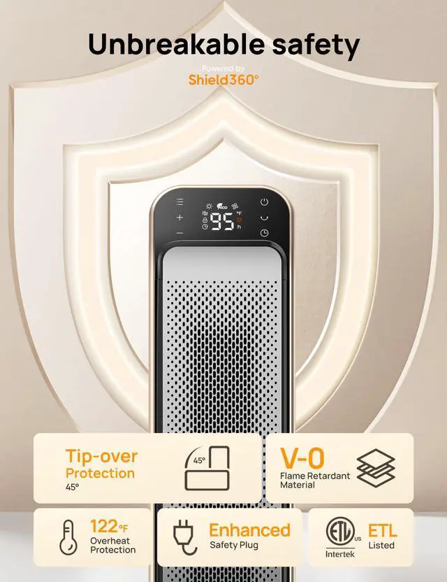 Alt view image 5 of 7 - Space Heater Indoor, 25" 11.5ft/s Fast Portable Room Heater with Remote and Thermostat, 3 Modes, Overheating & Tip-Over Protection, Electric Heaters for Indoor Use Large Room, Bedroom, Gold