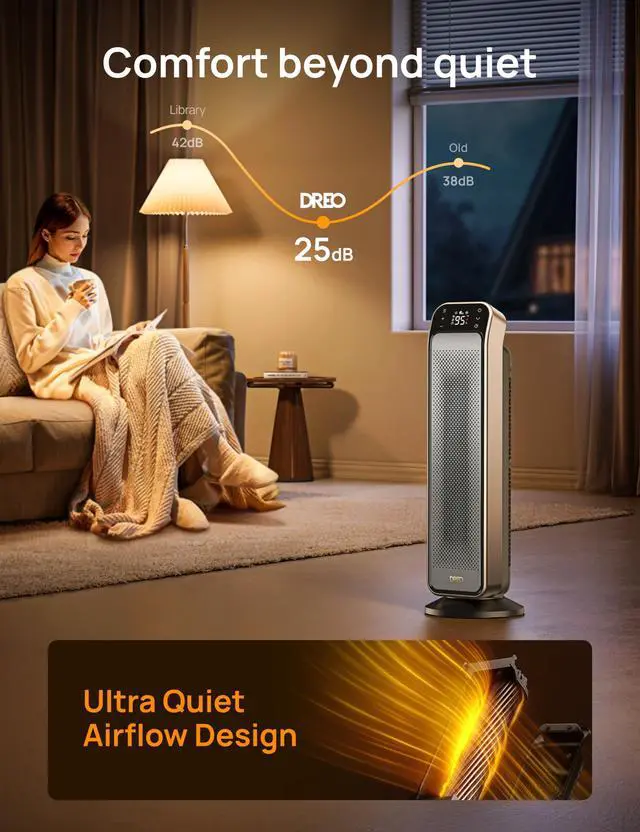 Alt view image 6 of 7 - Space Heater Indoor, 25" 11.5ft/s Fast Portable Room Heater with Remote and Thermostat, 3 Modes, Overheating & Tip-Over Protection, Electric Heaters for Indoor Use Large Room, Bedroom, Gold