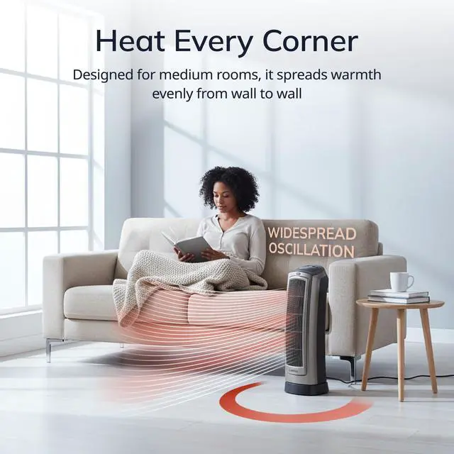 Alt view image 2 of 7 - Oscillating Digital Ceramic Tower Heater for Home with Adjustable Thermostat, Timer and Remote Control, 23 Inches, 1500W, Silver, 755320