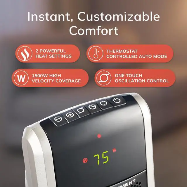 Alt view image 5 of 7 - Oscillating Digital Ceramic Tower Heater for Large Rooms, with Adjustable Thermostat, Timer and Remote Control, 29 Inches, 1500W, Black, 5586