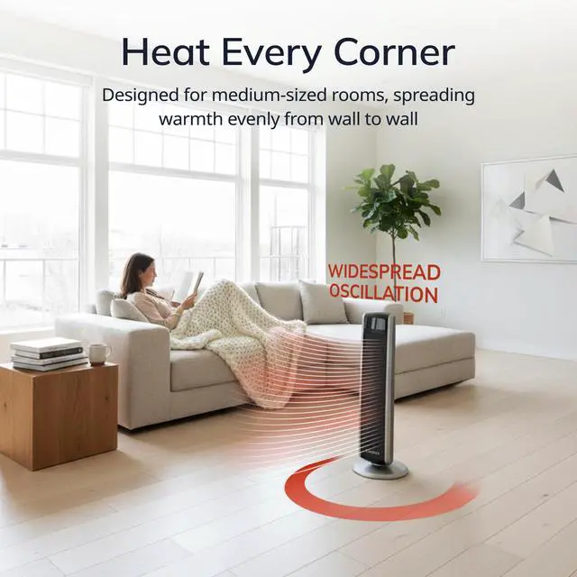 Alt view image 3 of 7 - Oscillating Digital Ceramic Tower Heater for Large Rooms, with Adjustable Thermostat, Timer and Remote Control, 29 Inches, 1500W, Black, 5586