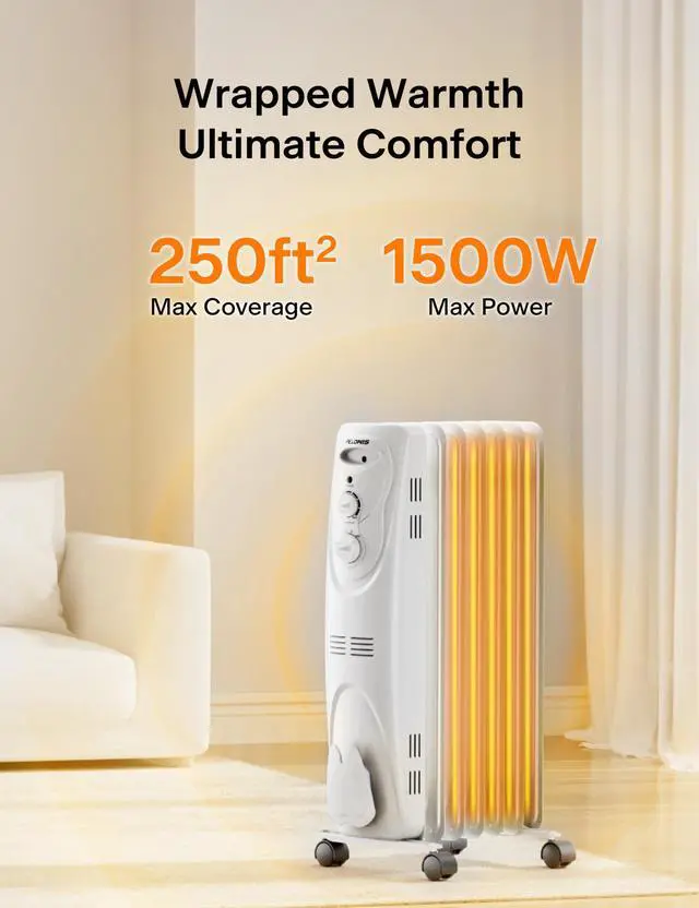 Alt view image 2 of 7 - PHO15A2AGW, Basic Electric Oil Filled Radiator, 1500W Portable Full Room Radiant Space Heater with Adjustable Thermostat, White, 26.10 x 14.20 x 11.00 in