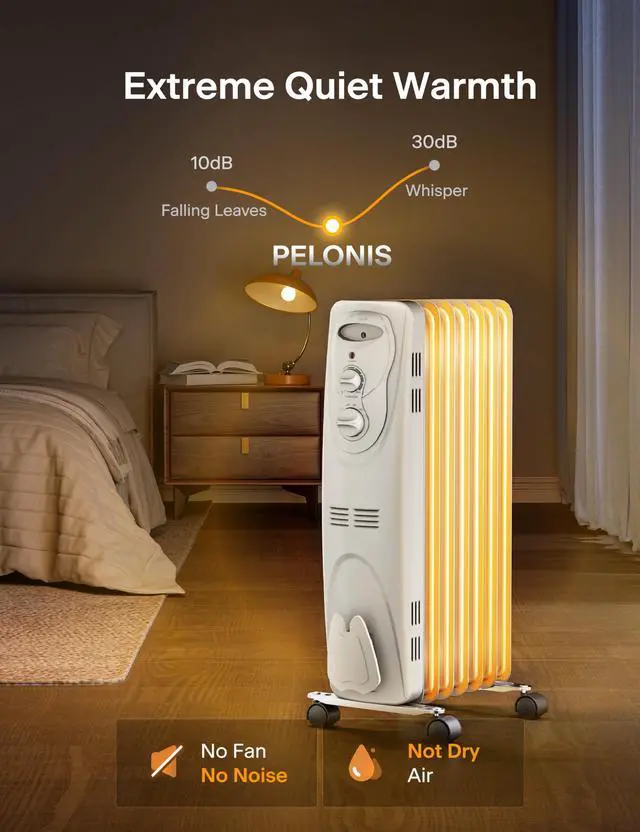 Alt view image 3 of 7 - PHO15A2AGW, Basic Electric Oil Filled Radiator, 1500W Portable Full Room Radiant Space Heater with Adjustable Thermostat, White, 26.10 x 14.20 x 11.00 in