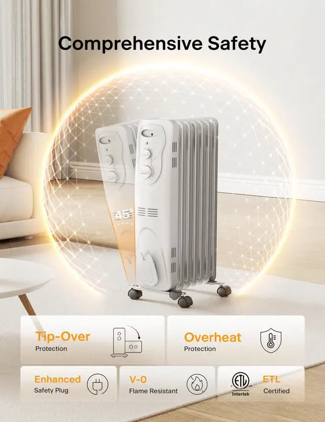 Alt view image 5 of 7 - PHO15A2AGW, Basic Electric Oil Filled Radiator, 1500W Portable Full Room Radiant Space Heater with Adjustable Thermostat, White, 26.10 x 14.20 x 11.00 in