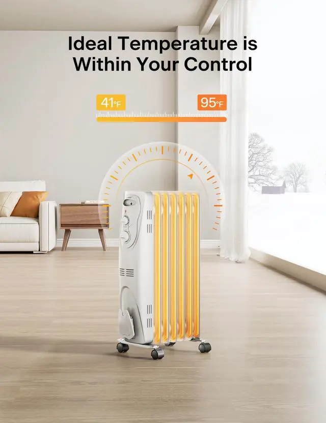 Alt view image 6 of 7 - PHO15A2AGW, Basic Electric Oil Filled Radiator, 1500W Portable Full Room Radiant Space Heater with Adjustable Thermostat, White, 26.10 x 14.20 x 11.00 in