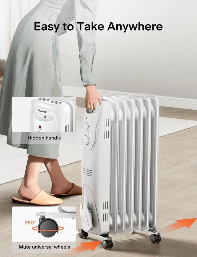 Alt view image 7 of 7 - PHO15A2AGW, Basic Electric Oil Filled Radiator, 1500W Portable Full Room Radiant Space Heater with Adjustable Thermostat, White, 26.10 x 14.20 x 11.00 in