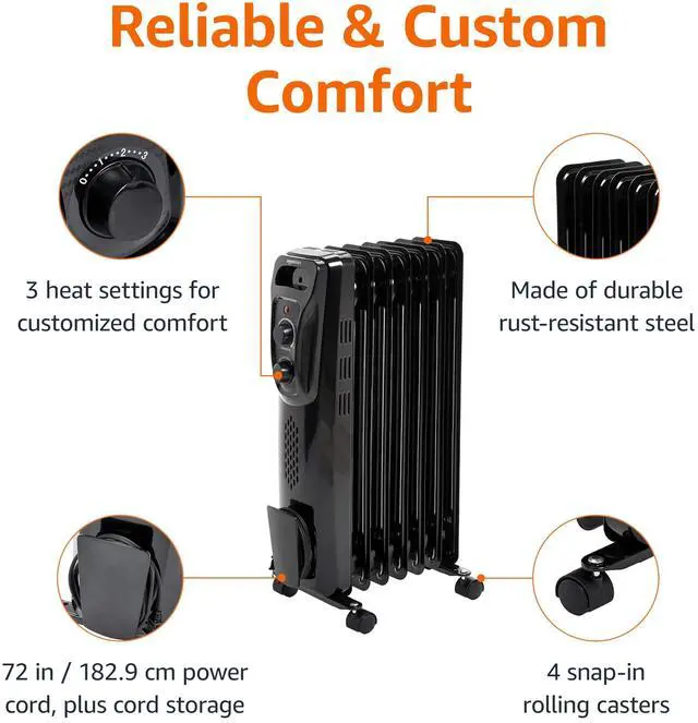 Alt view image 2 of 5 - Portable Oil Radiator Heater for Indoor Use, 3 Heat Settings, Over-Heat Protection, ETL-certified Safety, 7 Oil-Filled Steel Fins, 1500W, 11"D x 14.8"W x 25.2"H, Black