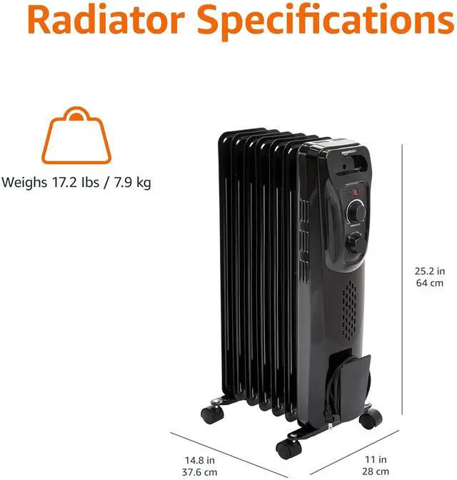 Alt view image 3 of 5 - Portable Oil Radiator Heater for Indoor Use, 3 Heat Settings, Over-Heat Protection, ETL-certified Safety, 7 Oil-Filled Steel Fins, 1500W, 11"D x 14.8"W x 25.2"H, Black