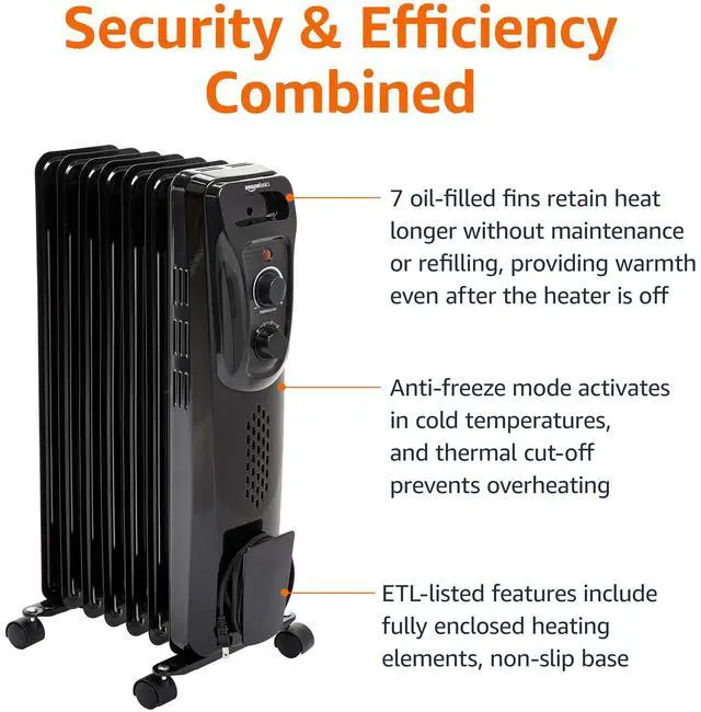 Alt view image 4 of 5 - Portable Oil Radiator Heater for Indoor Use, 3 Heat Settings, Over-Heat Protection, ETL-certified Safety, 7 Oil-Filled Steel Fins, 1500W, 11"D x 14.8"W x 25.2"H, Black