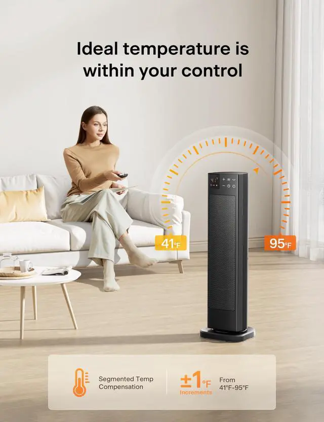 Alt view image 6 of 6 - Oscillating Ceramic Tower Indoor Space Heater for Home with Oscillation, Programmable Thermostat & ECO Mode, 12H Timer & Remote Control, Safety Protection, 23 Inches, 1500W, PHF15RSAPH23