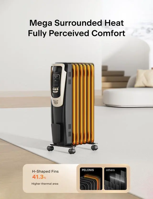 Alt view image 2 of 7 - Champagne Oil Filled Radiator Heater with Remote and Thermostat, 5 Temperature Settings for indoor use Large Room, Energy Efficient Electric Space heater with Safety Features