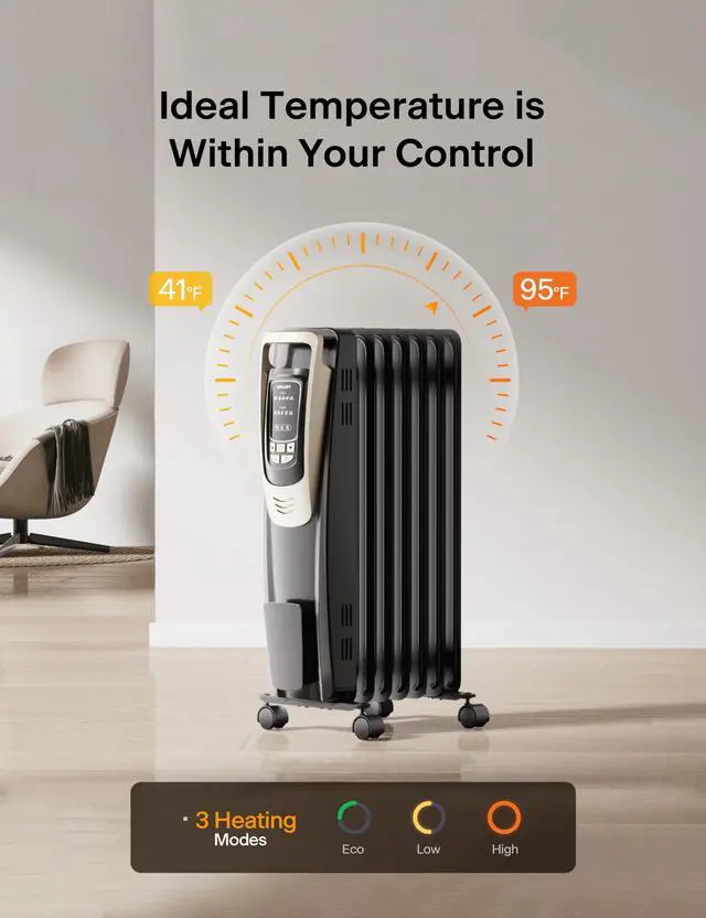 Alt view image 5 of 7 - Champagne Oil Filled Radiator Heater with Remote and Thermostat, 5 Temperature Settings for indoor use Large Room, Energy Efficient Electric Space heater with Safety Features
