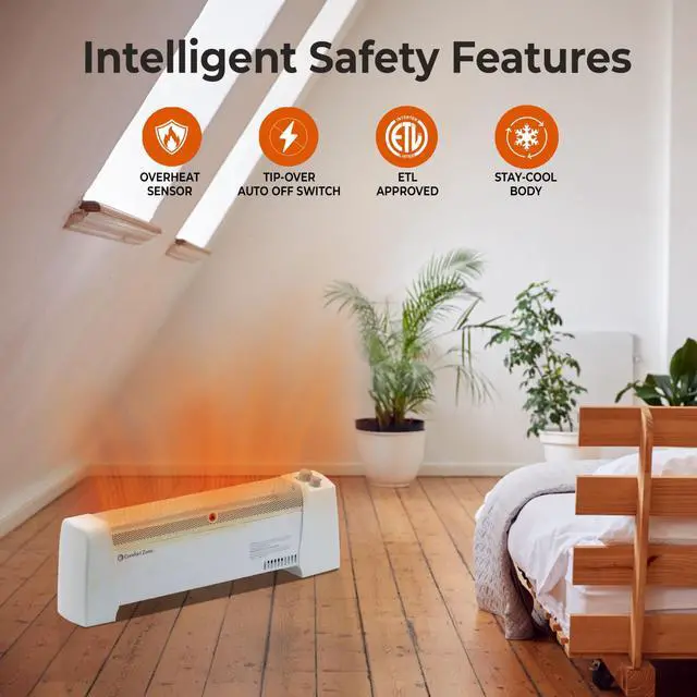 Alt view image 2 of 6 - Electric Baseboard Space Heater with Adjustable Thermostat, Dent-Proof End Panels, Overheat Protection, Tip-Over Switch, & Stay-Cool Body, Ideal for Home, Bedroom, & Office, 1,500W, CZ600