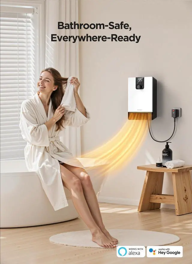 Alt view image 3 of 7 - Wall Heater for Bathroom, 1500W Fast Heating Electric Space Heater with ALCI Plug, Adjustable Thermostat, 3 Heating Modes, 24H Timer, Easy Mounted Heater for Indoor Use, Home, Office, White