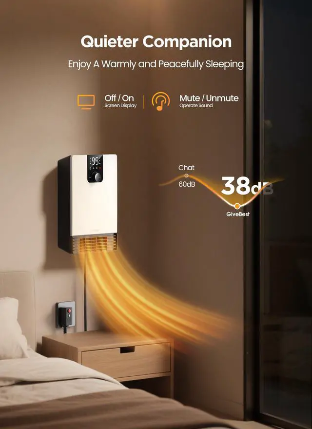 Alt view image 6 of 7 - Wall Heater for Bathroom, 1500W Fast Heating Electric Space Heater with ALCI Plug, Adjustable Thermostat, 3 Heating Modes, 24H Timer, Easy Mounted Heater for Indoor Use, Home, Office, White