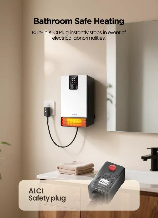 Alt view image 7 of 7 - Wall Heater for Bathroom, 1500W Fast Heating Electric Space Heater with ALCI Plug, Adjustable Thermostat, 3 Heating Modes, 24H Timer, Easy Mounted Heater for Indoor Use, Home, Office, White