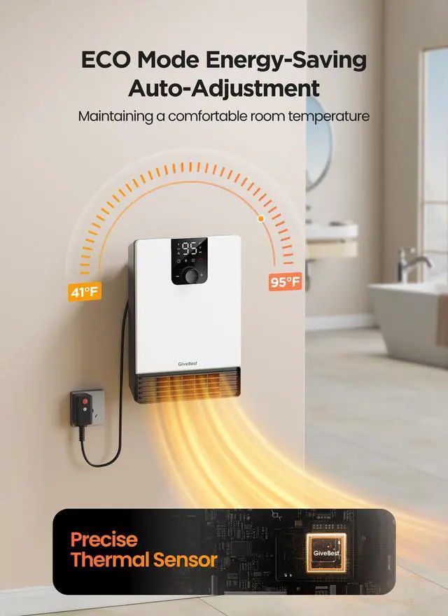 Alt view image 4 of 7 - Wall Heater for Bathroom, 1500W Fast Heating Electric Space Heater with ALCI Plug, Adjustable Thermostat, 3 Heating Modes, 24H Timer, Easy Mounted Heater for Indoor Use, Home, Office, White