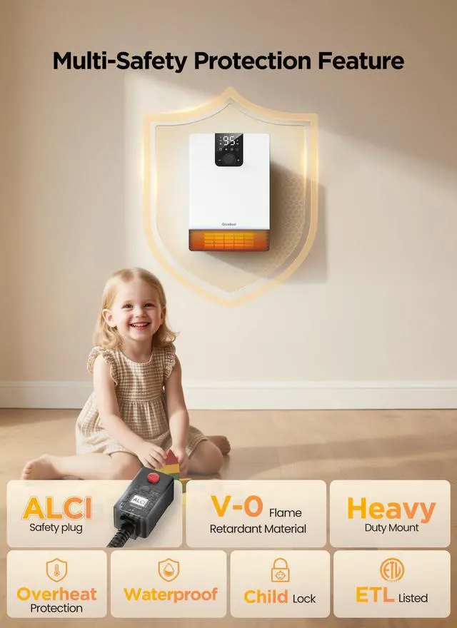 Alt view image 5 of 7 - Wall Heater for Bathroom, 1500W Fast Heating Electric Space Heater with ALCI Plug, Adjustable Thermostat, 3 Heating Modes, 24H Timer, Easy Mounted Heater for Indoor Use, Home, Office, White