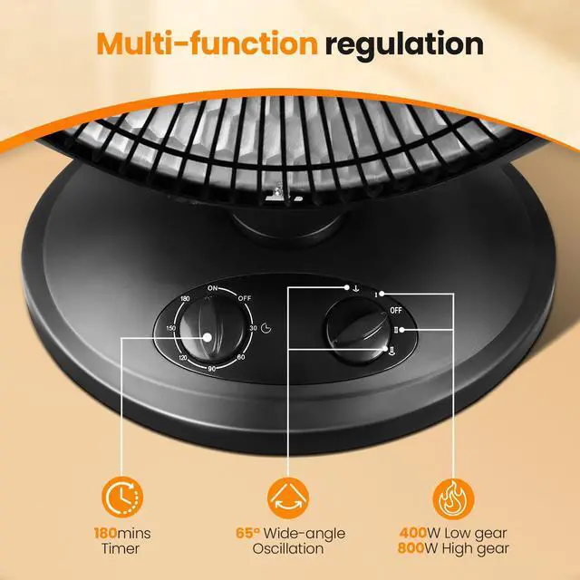 Alt view image 3 of 7 - Oscillating Parabolic Space Heater with Thermostat and Timer, Radiant Dish Heater with Tip-Over and Overheating Protection For Indoor Use, 800w