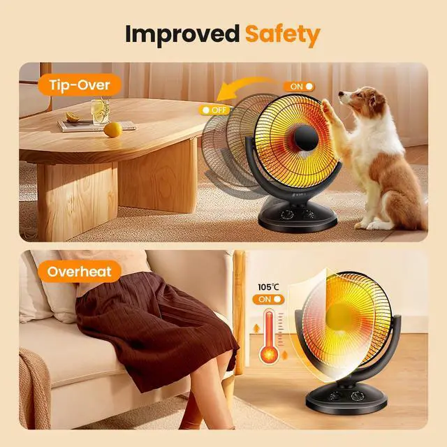 Alt view image 4 of 7 - Oscillating Parabolic Space Heater with Thermostat and Timer, Radiant Dish Heater with Tip-Over and Overheating Protection For Indoor Use, 800w
