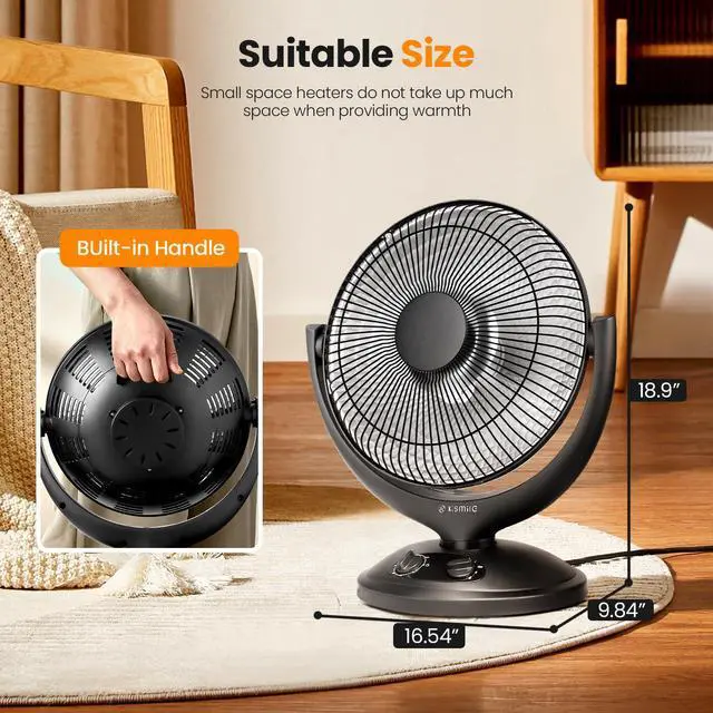 Alt view image 6 of 7 - Oscillating Parabolic Space Heater with Thermostat and Timer, Radiant Dish Heater with Tip-Over and Overheating Protection For Indoor Use, 800w