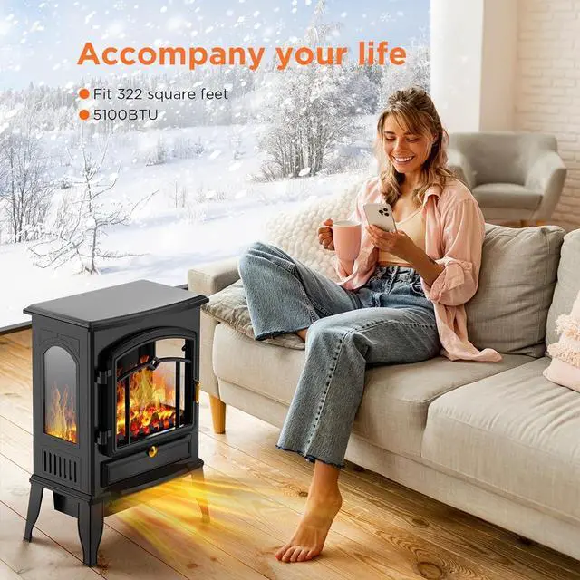 Alt view image 6 of 7 - Freestanding Electric Fireplace Stove, Small Electric Fireplace Heater with Thermostat Control, 3D Realistic Flame,1000W/1500W & Overheating Protection