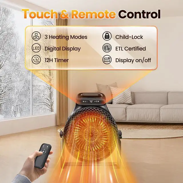 Alt view image 3 of 7 - Outdoor Heaters for Patio, 1500W Electric Garage Heater with Remote Thermostat 3S Fast Heating, Overheat Protection, PTC Ceramic Heater with 3 Modes for Greenhouse, Camping Tent Indoor Use