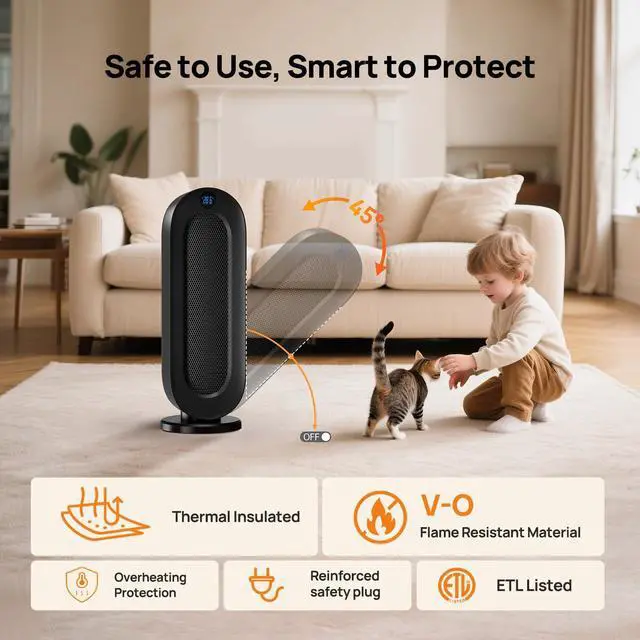 Alt view image 6 of 7 - Space Heater for Indoor Use, 1500W Electric Heaters with 100° Oscillation, 1-12H Timer, Remote, Tower Heater Quick 2s PTC Ceramic Heating, Safety Heater for Office, Bedroom, Large Room (Black)