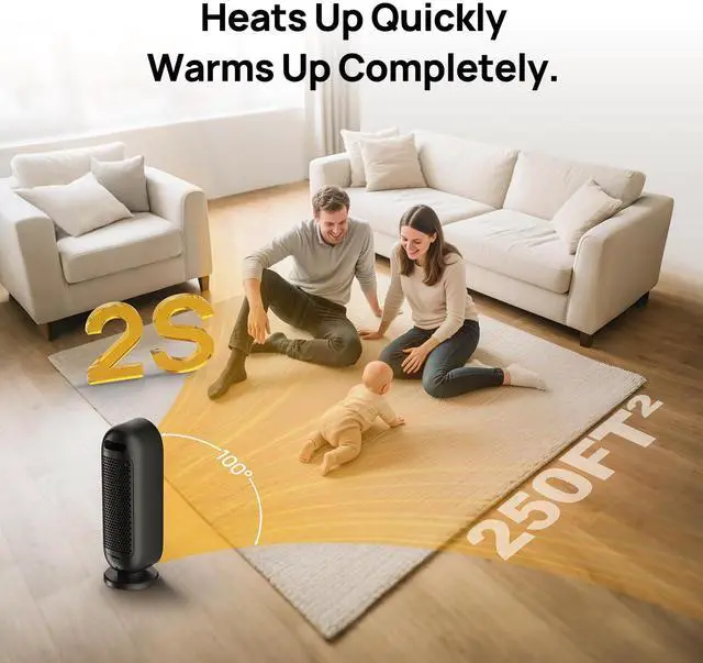 Alt view image 3 of 7 - Space Heater for Indoor Use, 1500W Electric Heaters with 100° Oscillation, 1-12H Timer, Remote, Tower Heater Quick 2s PTC Ceramic Heating, Safety Heater for Office, Bedroom, Large Room (Black)