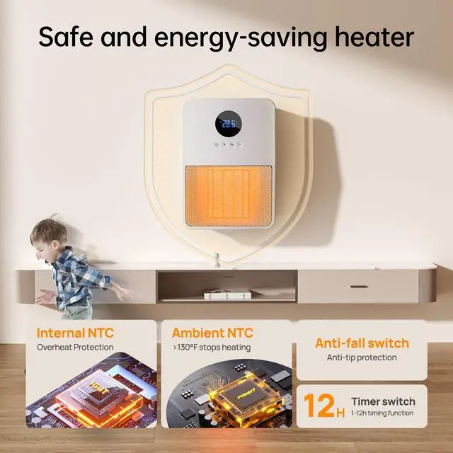 Alt view image 3 of 7 - Electric Space Heater, 3-IN-1 Portable Heater for Wall Mount/Hook/Desktop, Remote&Thermostat, 3 Modes, 24H Timer, 1500W PTC Fast Heating Ceramic Heater for Office Bedroom Bathroom, White