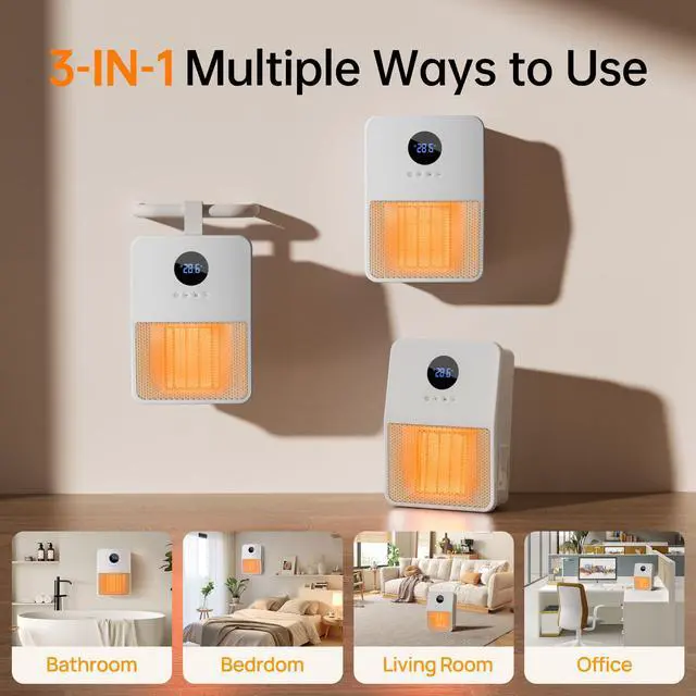 Alt view image 4 of 7 - Electric Space Heater, 3-IN-1 Portable Heater for Wall Mount/Hook/Desktop, Remote&Thermostat, 3 Modes, 24H Timer, 1500W PTC Fast Heating Ceramic Heater for Office Bedroom Bathroom, White