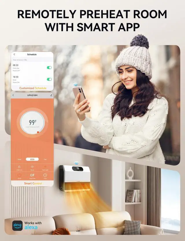Alt view image 3 of 7 - Smart Wall Heater, 1500W Fast Heating Space Heater for Bedroom, Electric Space Heater with Thermostat for Indoor Use, Easy Wall Mounted, On/Off Timers, Works with Alexa, White