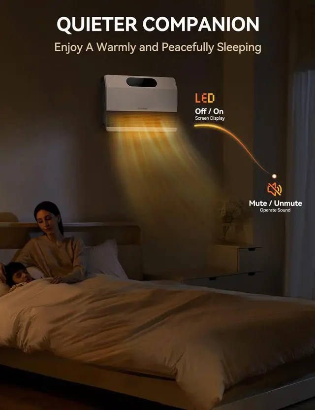 Alt view image 6 of 7 - Smart Wall Heater, 1500W Fast Heating Space Heater for Bedroom, Electric Space Heater with Thermostat for Indoor Use, Easy Wall Mounted, On/Off Timers, Works with Alexa, White