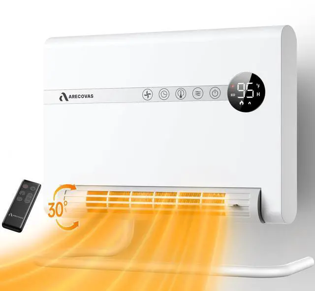 Alt view image 2 of 7 - Wall Heater, Space Heater for Bedroom, 1500W PTC Fast Heating Electric Heaters for Indoor Use, 30° Oscillation, Adjustable Thermostat, 24H Timer, Remote Control, Desk or Wall Mounted Heater for Office