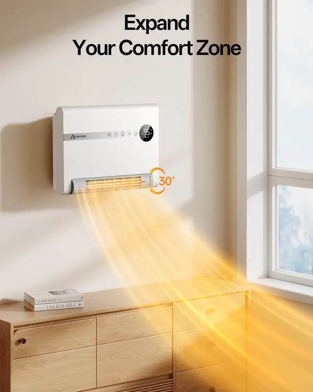 Alt view image 5 of 7 - Wall Heater, Space Heater for Bedroom, 1500W PTC Fast Heating Electric Heaters for Indoor Use, 30° Oscillation, Adjustable Thermostat, 24H Timer, Remote Control, Desk or Wall Mounted Heater for Office