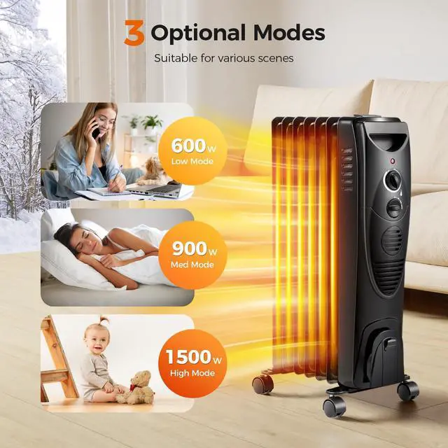 Alt view image 3 of 7 - Portable Electric Radiator Heater, Oil Filled with 3 Heat Settings, Adjustable Thermostat, Overheat & Tip-Over Protection For Indoor Use, 1500W (Black)