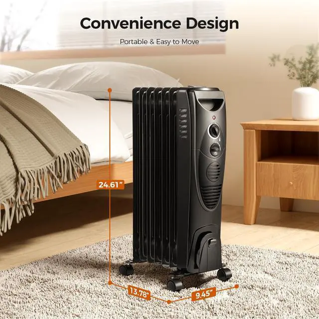 Alt view image 5 of 7 - Portable Electric Radiator Heater, Oil Filled with 3 Heat Settings, Adjustable Thermostat, Overheat & Tip-Over Protection For Indoor Use, 1500W (Black)