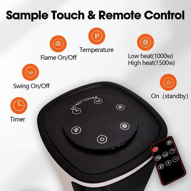 Alt view image 3 of 4 - Portable Space Heaters for Indoor Use, 1500W Electric Tower Heater with Fireplace, Oscillating PTC Ceramic, Adjustable Thermostat, Timer and Remote Control, Overheating & Tip-Over Protection