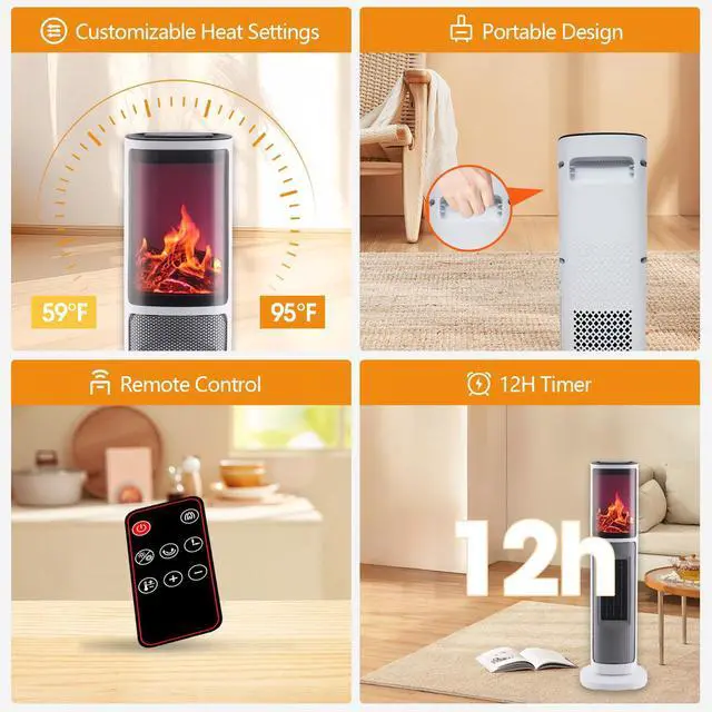 Alt view image 4 of 4 - Portable Space Heaters for Indoor Use, 1500W Electric Tower Heater with Fireplace, Oscillating PTC Ceramic, Adjustable Thermostat, Timer and Remote Control, Overheating & Tip-Over Protection