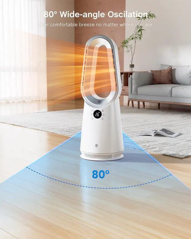 Alt view image 3 of 7 - Space Heater, Portable Electric Heaters and Cooler Fan Combo with Remote, 80°Oscillation, 9 Speeds, 3 Modes, 8 Timer, 6 Colors LED Light, Fast Safety Heat and Quiet for Office Bedroom Home